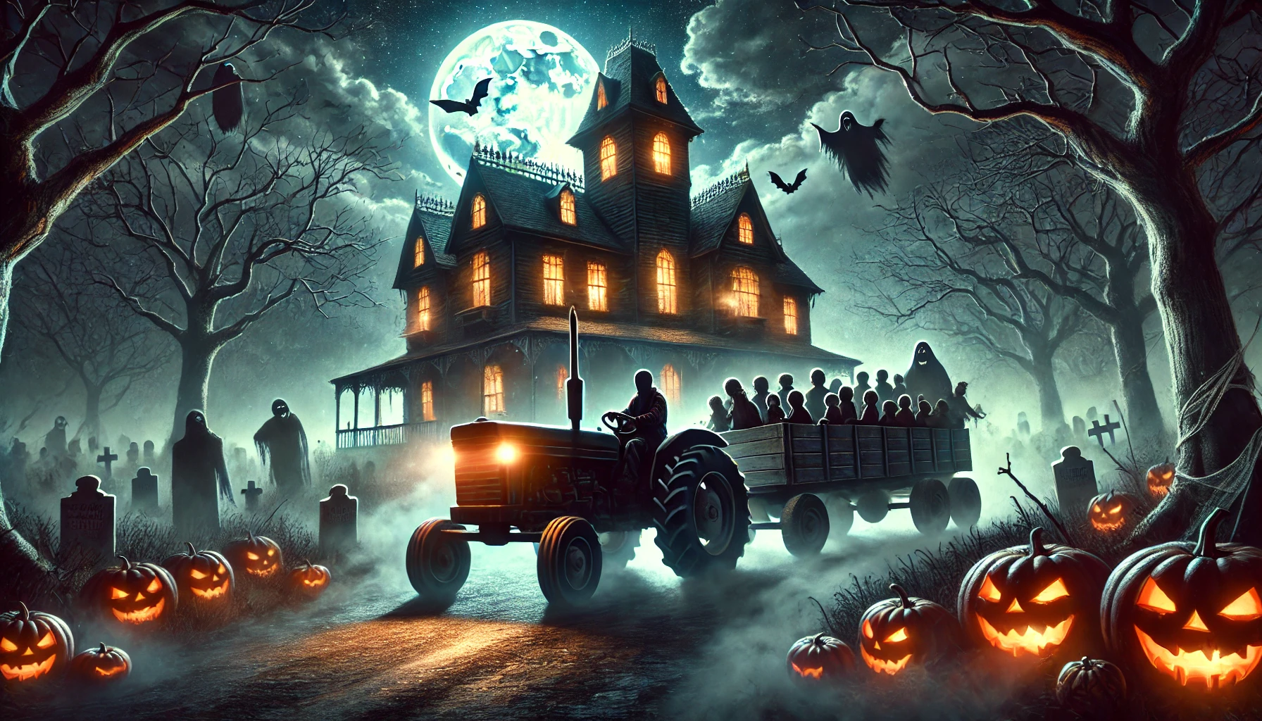 Haunted hayride at night